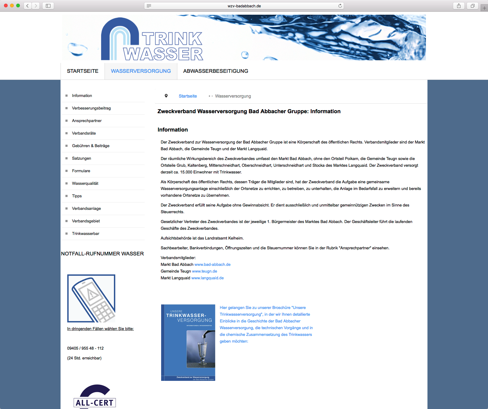 Webdesign Referenz Zweckverband Wasserversorgung Bad Abbach - Saal - Teugn